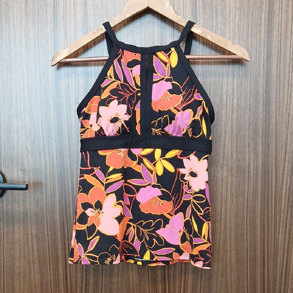 LANDS END High Neck Tropical Floral Swim Top SZ 2